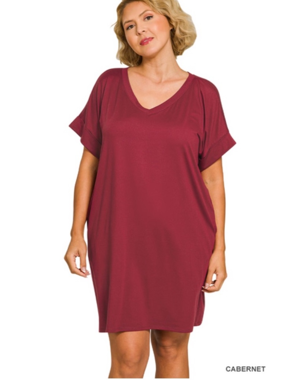 311-CABERNET ❤️ 1X - 3X Zenana BUTTERY SOFT BRUSHED DTY V-NECK DRESS